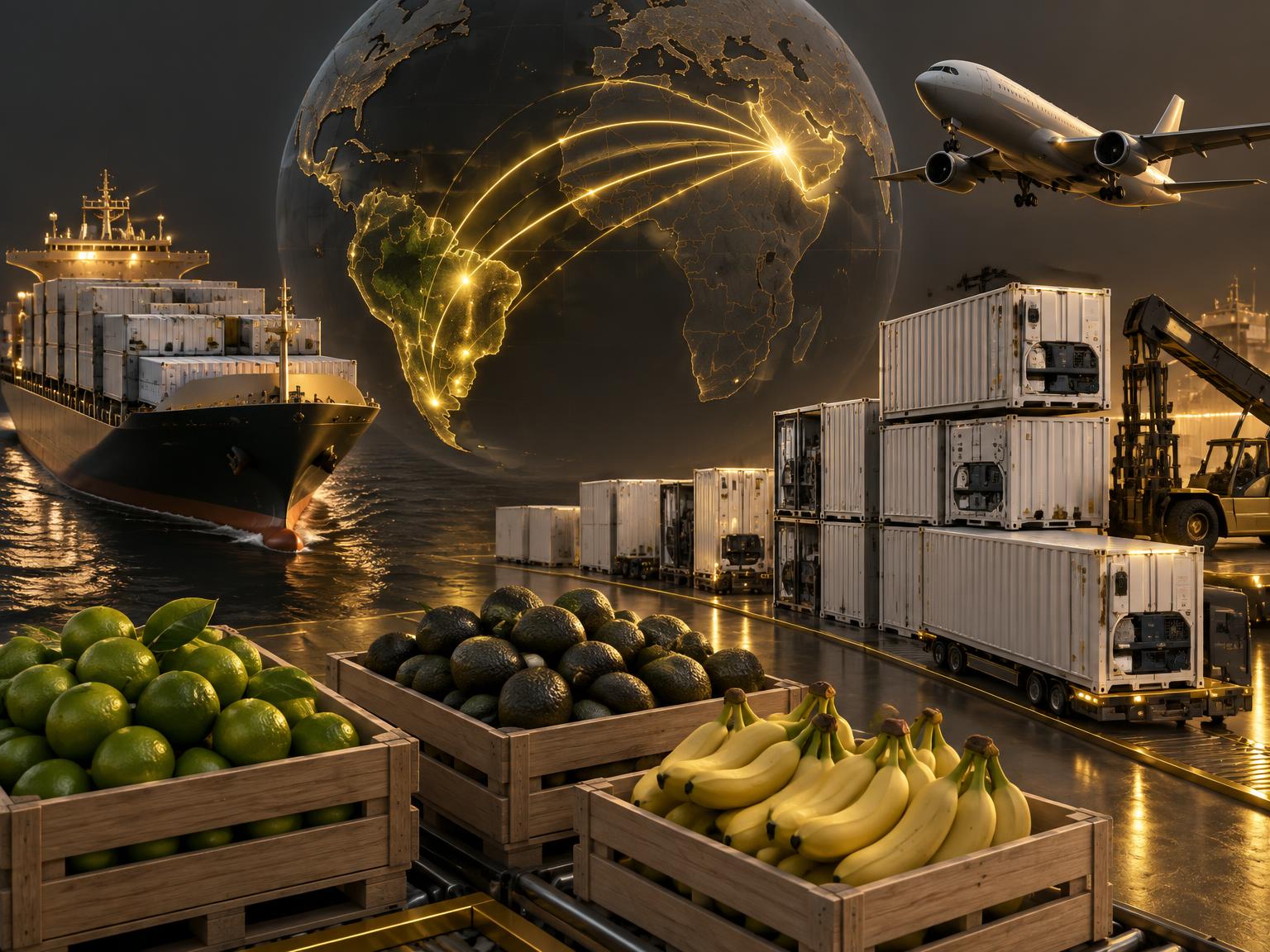 Ilustración 3D de la operación de importación y exportación de fruta colombiana hacia el Golfo
